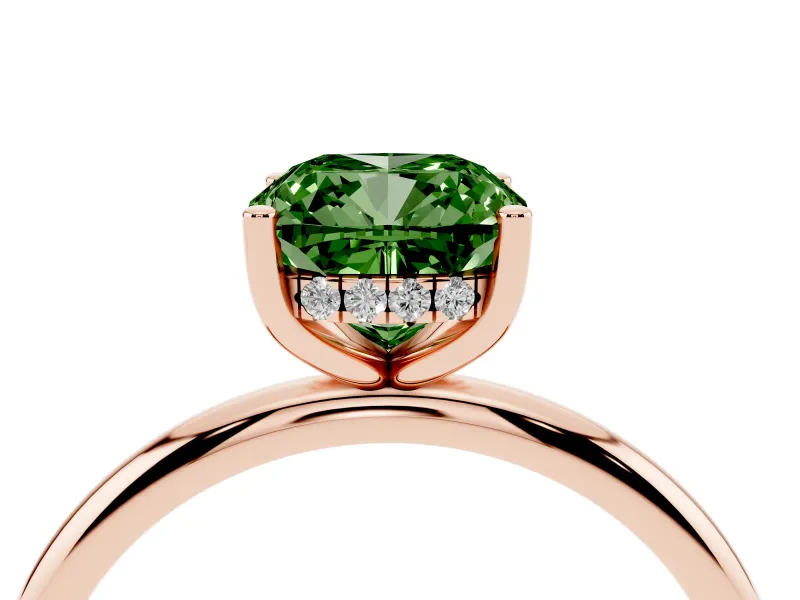 Fancy Green Cushion Cut Diamond Solitaire Engagement Ring Set in Rose gold with Prong Setting and Polished Band