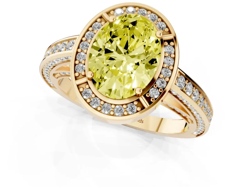 Fancy Yellow Oval Cut Diamond Halo Pavé Split Shank Ring Set in Yellow gold with Prong Setting
