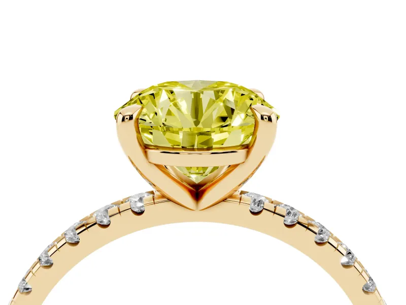 Fancy Yellow Round Cut Diamond Brilliant Solitaire Ring Set in Yellow gold with Pavé Band and Prong Setting