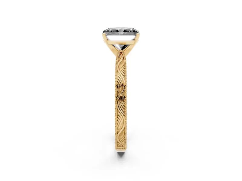 Fancy Black Radiant Cut Diamond Solitaire Milgrain Engraved Band Set in Yellow gold with Prong Setting
