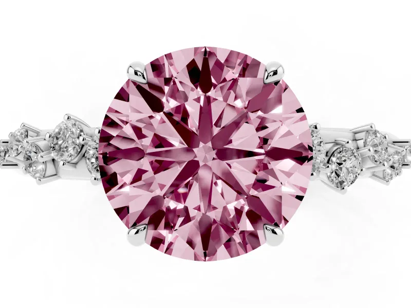 Fancy Pink Round Cut Diamond Cluster Solitaire Ring Set in White gold with Prong Setting