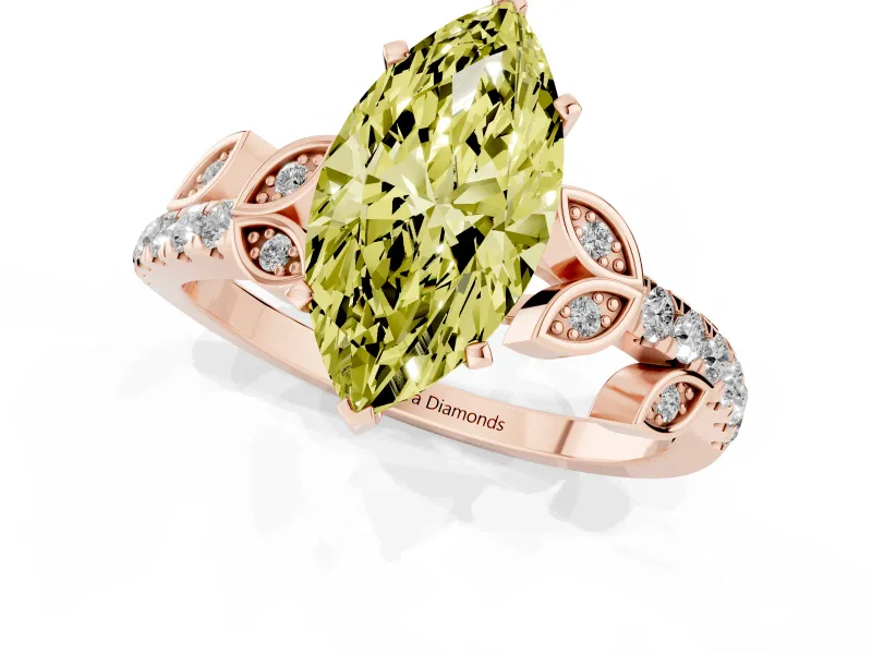 Fancy Yellow Marquise Cut Diamond Solitaire Leaf-Inspired Ring Set in Rose gold with Pavé Band and Prong Setting