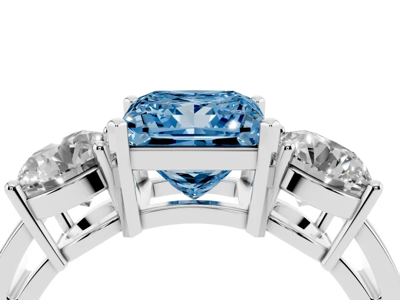 Princess Cut Three Stone Engagement Ring Setting for a Fancy Blue Lab-Grown Diamond | Wide Plain Band | Platinum