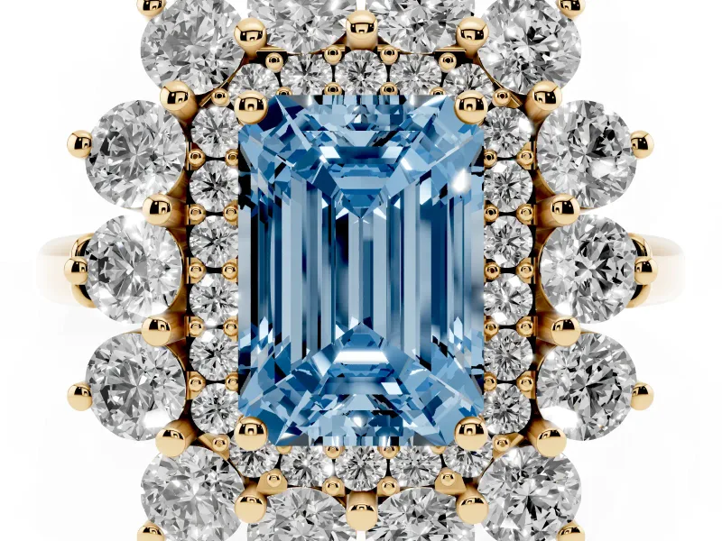 Emerald Cut Floral Double Halo Engagement Ring Setting for a Fancy Blue Lab-Grown Diamond | Plain Band | Yellow Gold