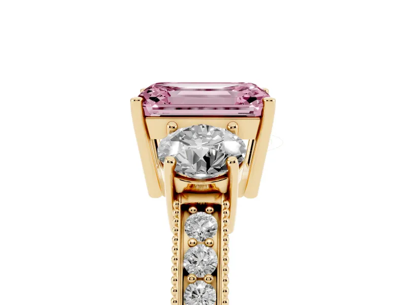 Emerald Cut Three Stone Engagement Ring Setting for a Fancy Pink Lab-Grown Diamond | Graduated Pave Band | Yellow Gold