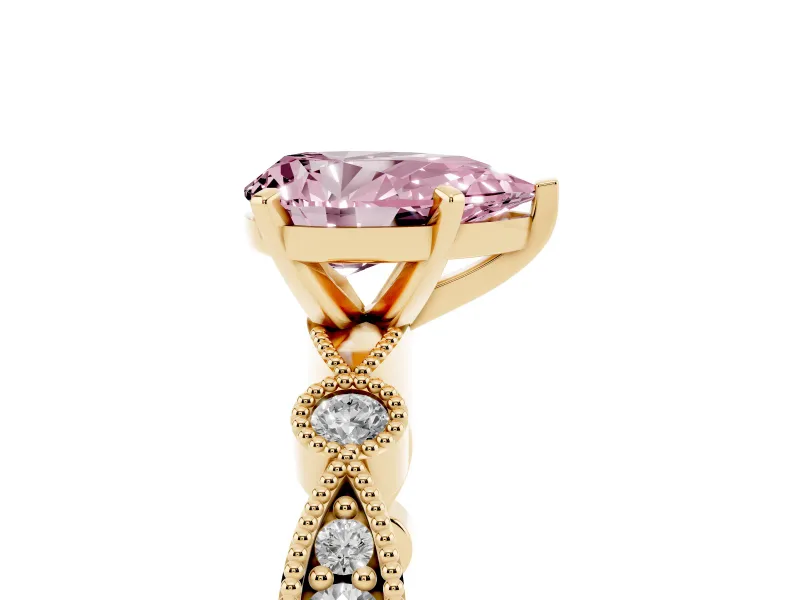 Fancy Pink Pear Cut Diamond Solitaire Engagement Ring Set in Yellow gold with Milgrain Bezel Accent Band