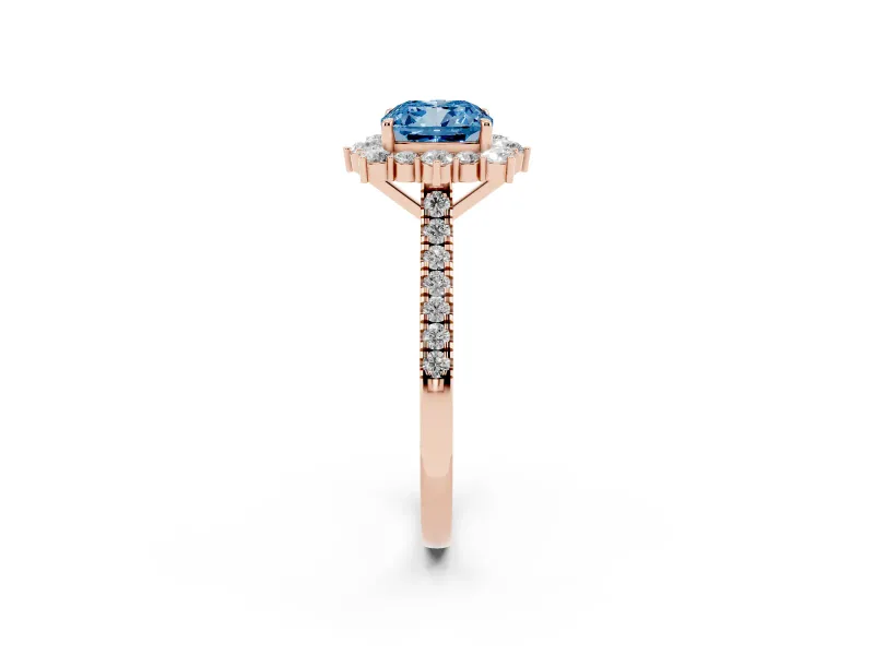 Cushion Cut Scalloped Halo Engagement Ring Setting for a Fancy Blue Lab-Grown Diamond | Single Row Pave | Rose Gold