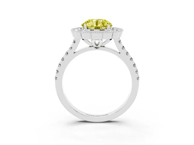 Fancy Yellow Round Cut Diamond Milgrain Floral Halo Engagement Ring Set in White gold with Pavé Band