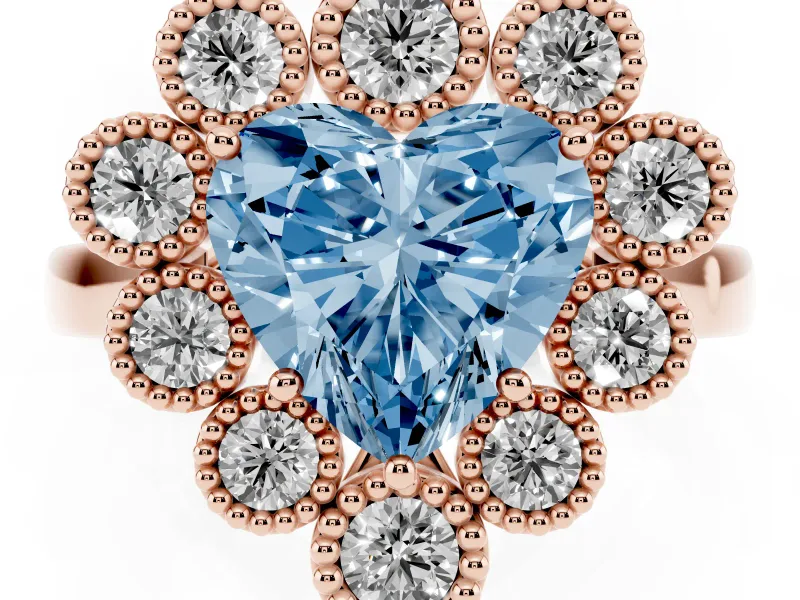 Heart-Shaped Milgrain Cluster Halo Engagement Ring Setting for a Fancy Blue Lab-Grown Diamond | Plain Band | Rose Gold