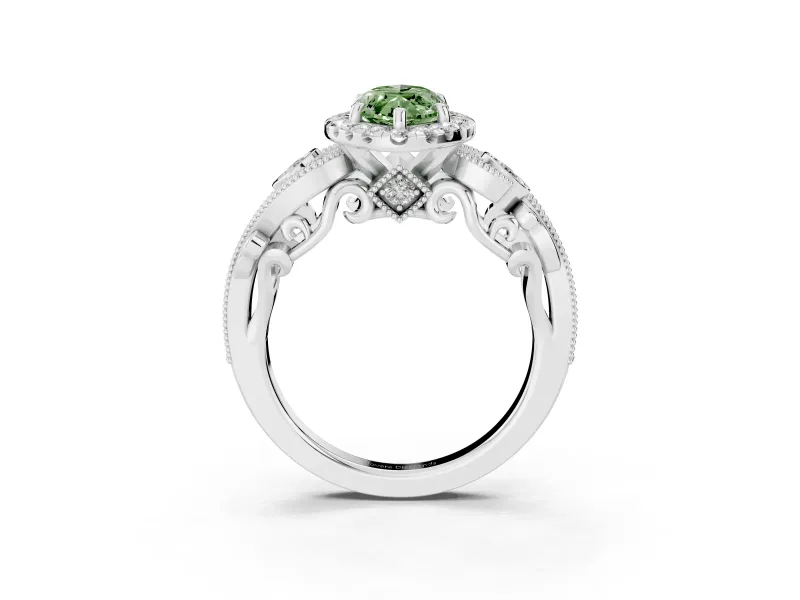 Fancy Green Marquise Cut Diamond Halo Ring Set in White gold with Milgrain Pavé Band and Prong Setting