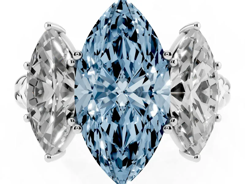 Fancy Blue Marquise Cut Diamond Three-Stone Ring Set in White gold with Braided Band
