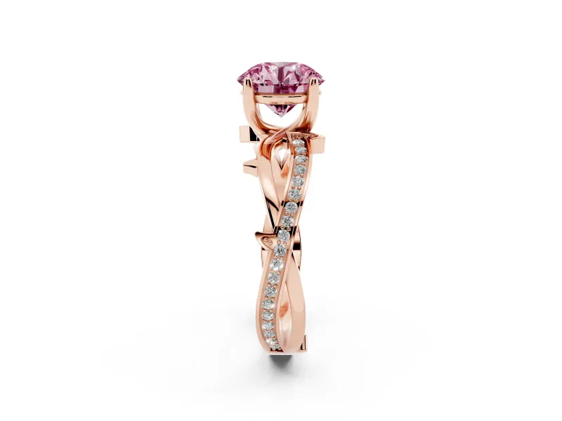 Fancy Pink Round Cut Diamond Pavé Twist Band Solitaire Ring Set in Rose gold with Prong Setting