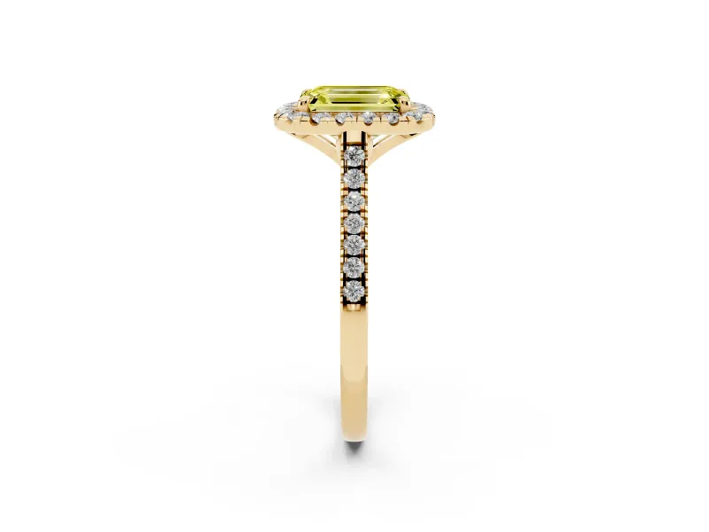 Emerald Cut Halo Engagement Ring Setting for a Fancy Yellow Lab-Grown Diamond | Tapered Band | Yellow Gold