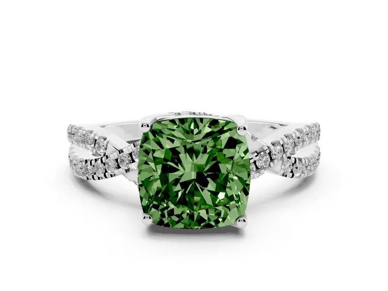 Fancy Green Cushion Cut Diamond Twist Pavé Solitaire Engagement Ring Set in White gold with Prong Setting