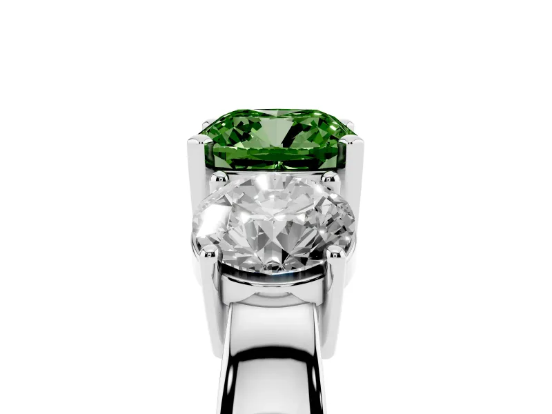 Cushion Cut Three Stone Engagement Ring Setting for a Fancy Green Lab-Grown Diamond | Wide Plain Band | White Gold