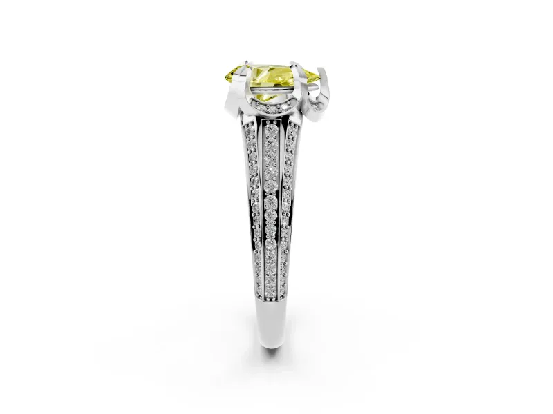 Fancy Yellow Pear Cut Diamond Pavé Split Shank Solitaire Ring Set in Silver with Prong Setting