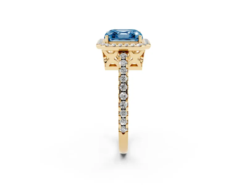 Asscher Cut Pave Halo Engagement Ring Setting for a Fancy Blue Lab-Grown Diamond | Yellow Gold
