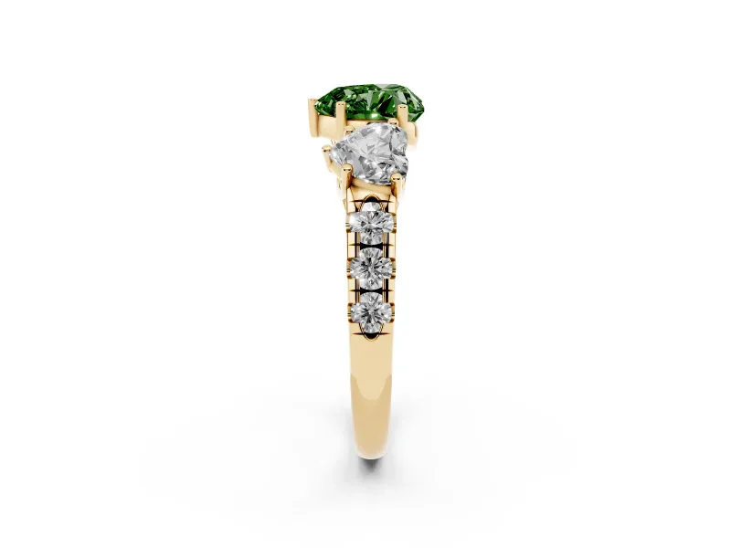 Fancy Green Heart Cut Diamond Three-Stone Ring Set in Yellow gold with Pavé Band