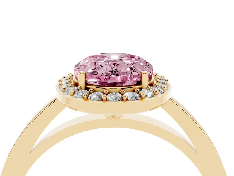 Fancy Pink Oval Cut Diamond Halo Ring Set in Yellow gold with Solitaire Band and Prong Setting