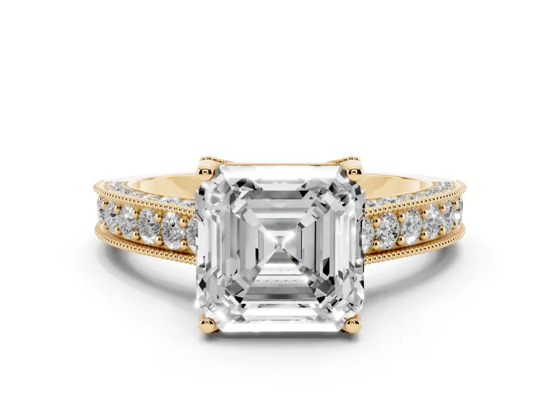 Asscher Cut Diamond Solitaire Ring Set in Yellow gold with Milgrain-Edged Pavé Band and Prong Setting