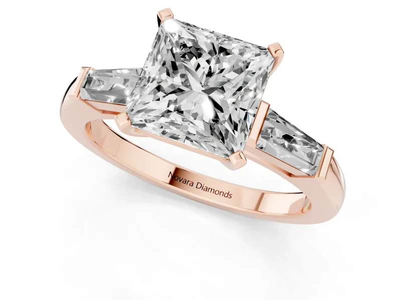 Princess Cut Three Stone Engagement Ring Setting | Tapered Baguettes | Rose Gold