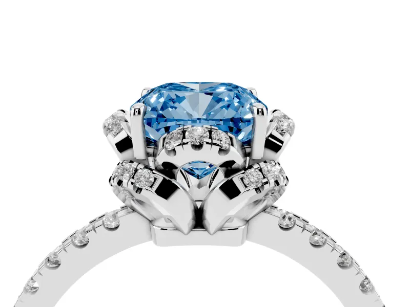 Fancy Blue Cushion Cut Diamond Halo Pavé Band Ring Set in Platinum with Prong-Held Center