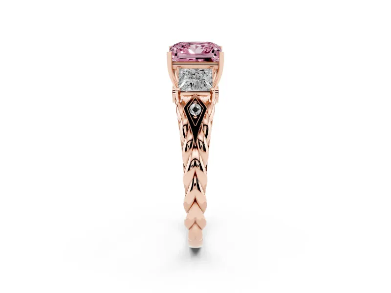 Fancy Pink Princess Cut Diamond Three-Stone Ring Set in Rose gold with Braided Band