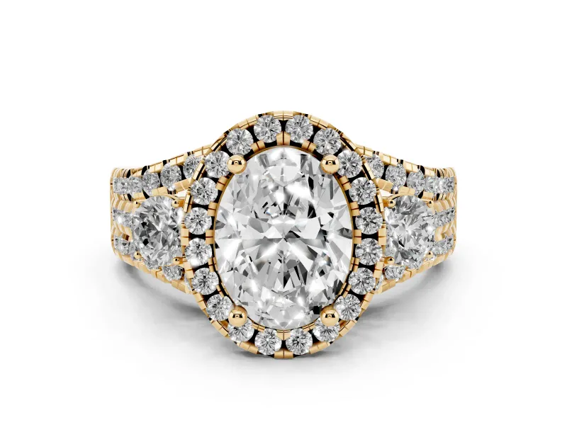 Oval Cut Diamond Halo Split Shank Ring Set in Yellow gold with Round Accent Stones and Prong Setting