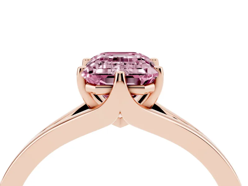 Fancy Pink Emerald Cut Diamond Solitaire Ring Set in Rose gold with Polished Tapered Band and Prong Setting