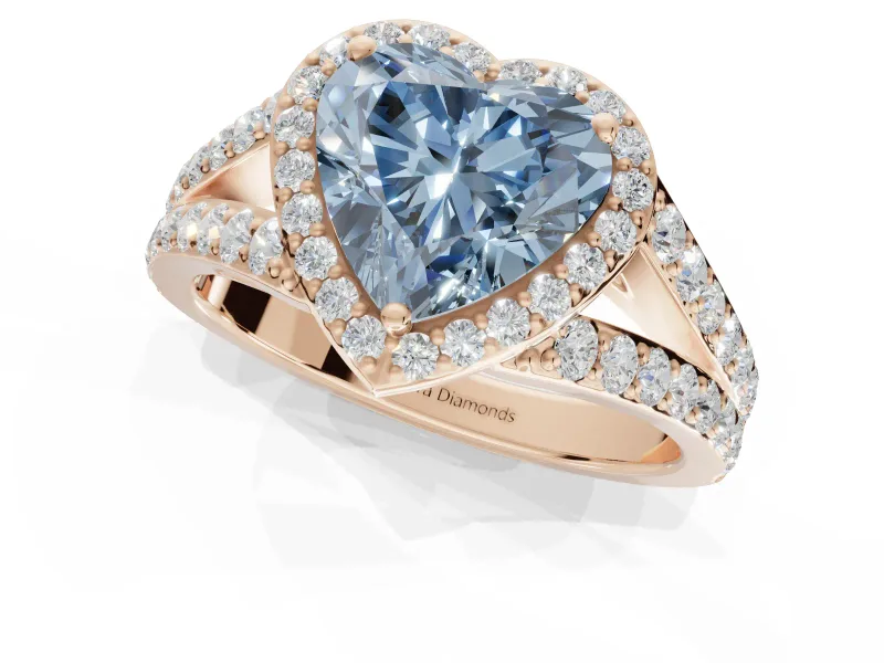 Heart-Shaped Halo Pavé Engagement Ring Setting for a Fancy Blue Lab-Grown Diamond | Narrow Split Shank | Rose Gold