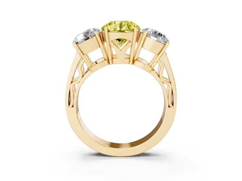 Round Engagement Ring Setting for a Fancy Yellow Lab-Grown Diamond | Three Stone | Yellow Gold