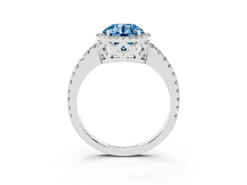 Round Halo Engagement Ring Setting for a Fancy Blue Lab-Grown Diamond | Half Pave Band | Platinum