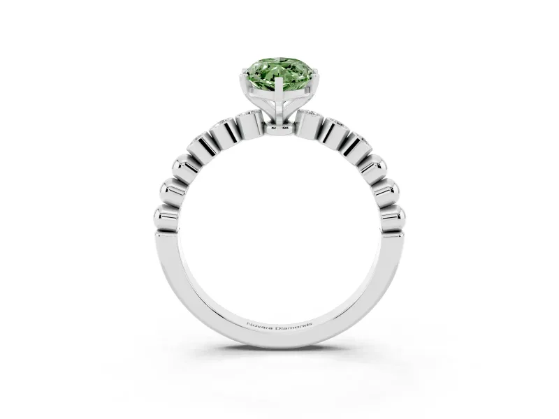 Fancy Green Marquise Cut Diamond Solitaire Engagement Ring Set in Silver with Bezel Accents on Beaded Band