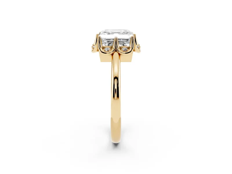 Asscher Cut Scalloped Petal Halo Engagement Ring Setting | Plain Band | Yellow Gold