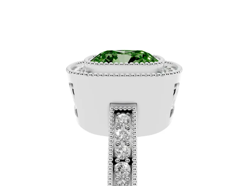 Cushion Cut Milgrain Halo Engagement Ring Setting for a Fancy Green Lab-Grown Diamond | Platinum