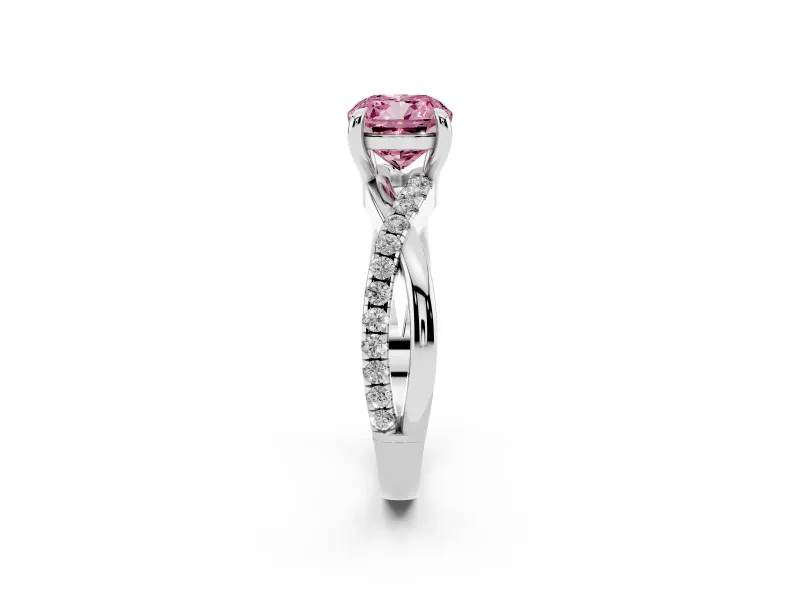 Fancy Pink Cushion Cut Diamond Twist Band Solitaire Set in Platinum with Pavé Accents and Prong Setting