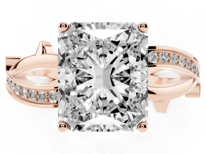 Radiant Cut Diamond Pavé Twist Band Solitaire Ring Set in Rose gold with Prong Setting