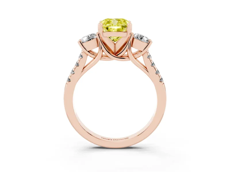 Cushion Cut Three-Stone Engagement Ring Setting for a Fancy Yellow Lab-Grown Diamond | Rose Gold