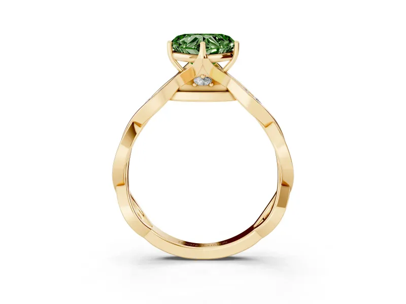 Fancy Green Heart Cut Diamond Twist Band Solitaire Ring Set in Yellow gold with Leaf Prong Setting and Accent Stones