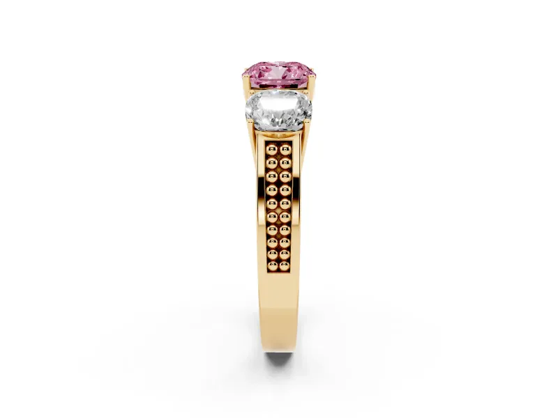 Cushion Cut Three Stone Engagement Ring Setting for a Fancy Pink Lab-Grown Diamond | Beaded Shoulders | Yellow Gold