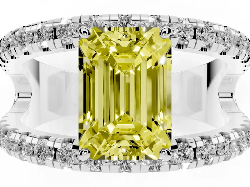 Emerald Cut Split Shank Pavé Engagement Ring Setting for a Fancy Yellow Lab-Grown Diamond | Platinum