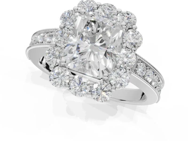 Radiant Cut Vintage Halo Engagement Ring Setting | Milgrain Channel Band | White Gold