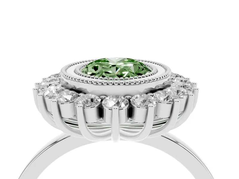Fancy Green Oval Cut Diamond Halo Ring Set in White gold with Milgrain Edge and Round Prong Setting