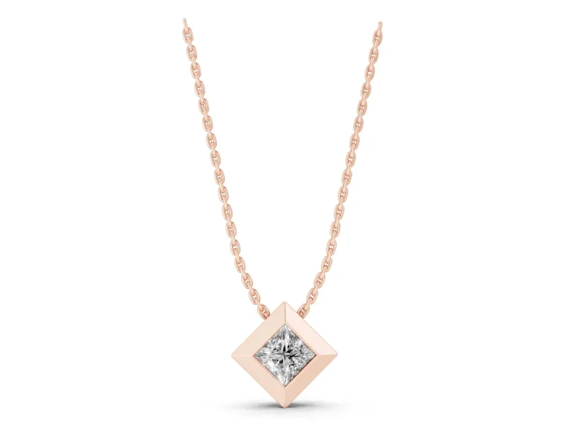Princess Cut Lab-Grown Diamond Bezel Solitaire Pendant Necklace | Beveled Frame | Rose Gold