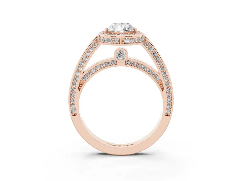 Pear Cut Diamond Halo Pavé Split Shank Ring Set in Rose gold with Prong Setting