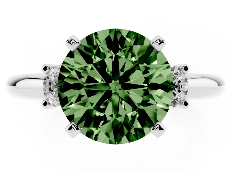 Fancy Green Three-Stone Round Cut Diamond Ring Set in Platinum with Prong Setting and Plain Band