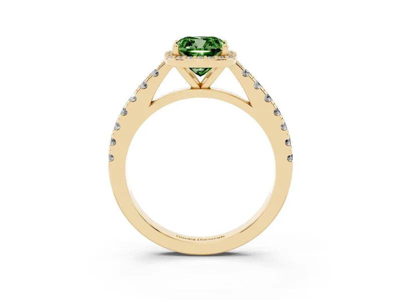 Fancy Green Cushion Cut Diamond Halo Engagement Ring Set in Yellow gold with Pavé Band and Prong Setting