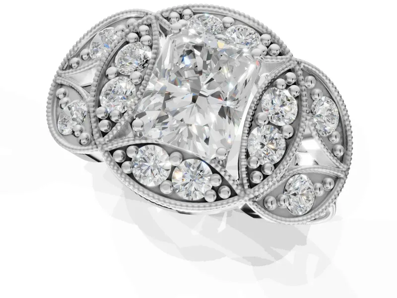 Radiant Cut Vintage Floral Halo Engagement Ring Setting | Engraved Milgrain Band | Sterling Silver