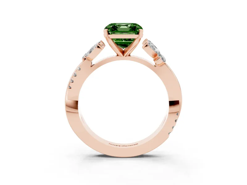 Fancy Green Asscher Cut Diamond Floral Vine Solitaire Engagement Ring Set in Rose gold with Marquise Leaves