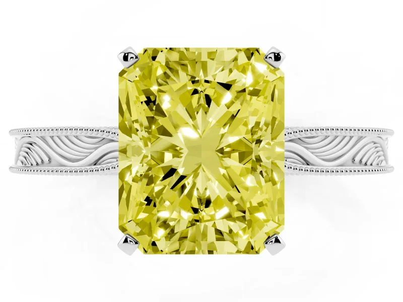 Radiant Cut Engraved Solitaire Engagement Ring Setting for a Fancy Yellow Lab-Grown Diamond | Sterling Silver